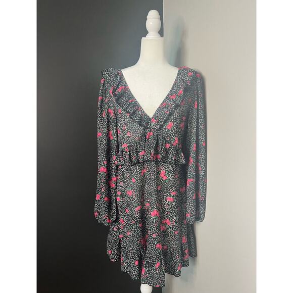 Topshop Woman’s Black Pink Floral V Neck Long Sleeve Ruffle Dress- Size 10 - Picture 2 of 13
